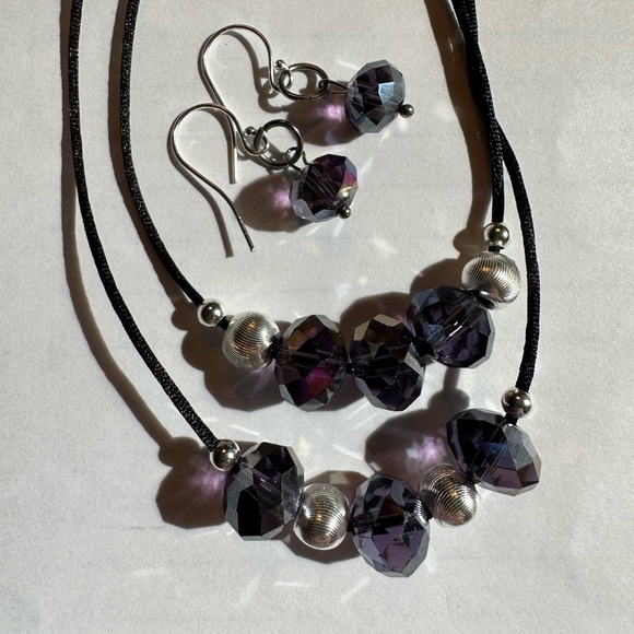 ARTISAN Dark Crystal and Silver Beads Adjustable Two Necklace Set With Earrings - Picture 3 of 9